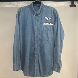 Men’s Large Blue Denim Button-Up Shirt with Sparky's‎ Logo Vintage